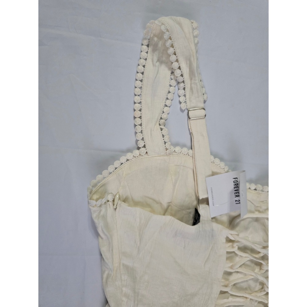 Forever 21 Vanilla Mini Dress Lace Up Back Pom Pom Trim Cream Size L NWT - Picture 14 of 16